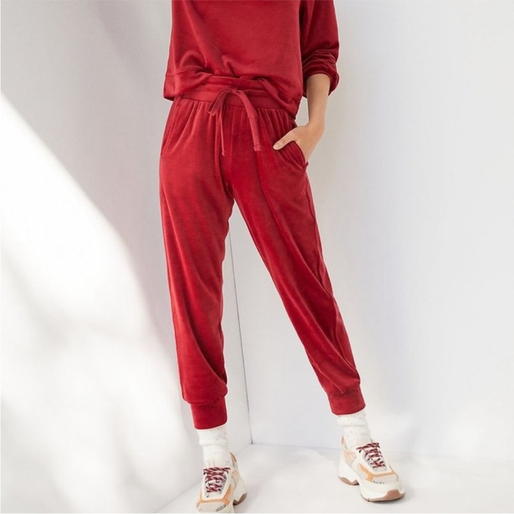 Anthropologie Merida Red Velour Drawstring Joggers size medium